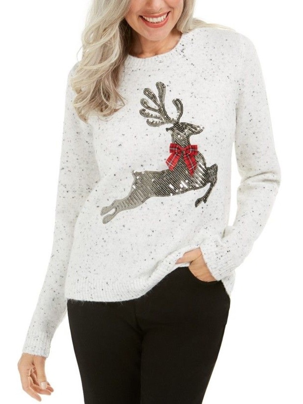 Karen Scott Christmas Reindeer Sweater XL NWT Sequin Plaid Bow Holiday